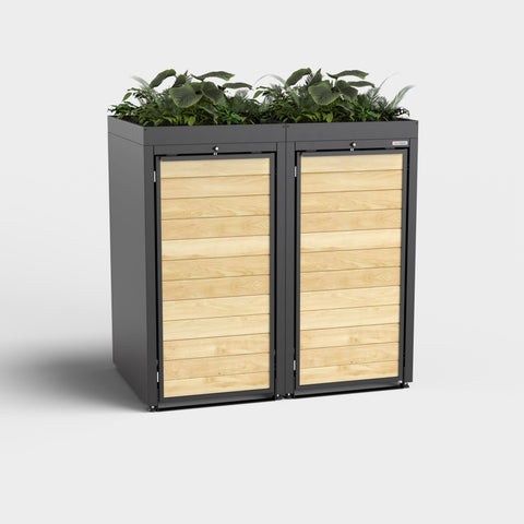 Box pour deux poubelles de BIO Stefan avec des plantes sur le toit.