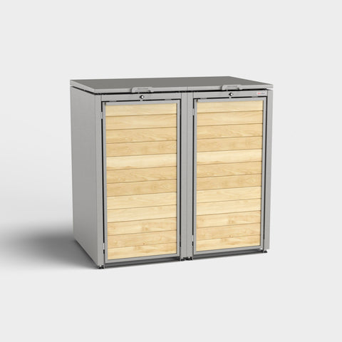 Dobbelt skraldespandsskab Holzmichl i grå med træfronter fra BIO Stefan.