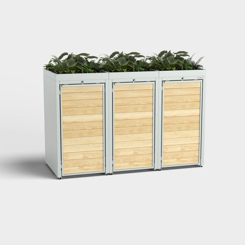 Dreiteilige Mülltonnenbox Holzmichl mit Pflanzendach in RAL 7035.