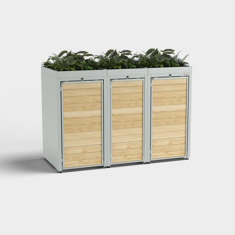 Mülltonnenbox Holzmichl 3 RAL7035 mit Pflanzdach, drei Türen aus Holzlamellen.