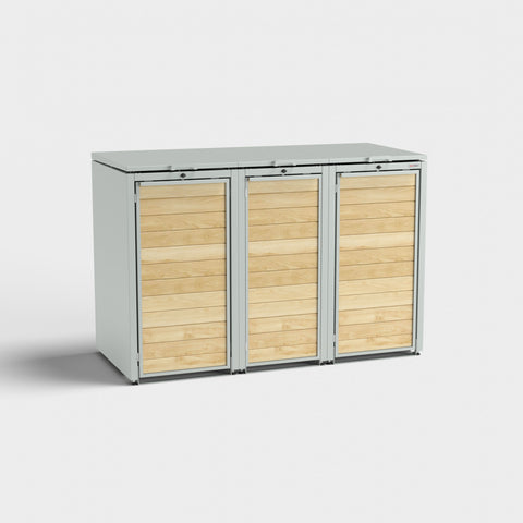 BIO Stefan Holzmichl Mülltonnenbox 3er RAL7035 in hellem Holzdesign.