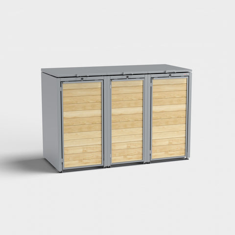 Mülltonnenbox aus Holz und Metall für drei Tonnen in RAL7045.