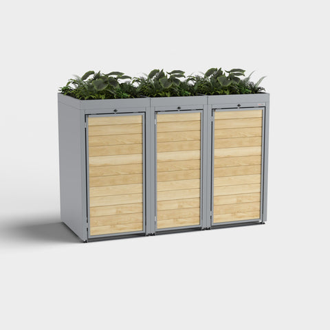 Mülltonnenbox 3er Holzmichl RAL7045 mit Pflanzdach.