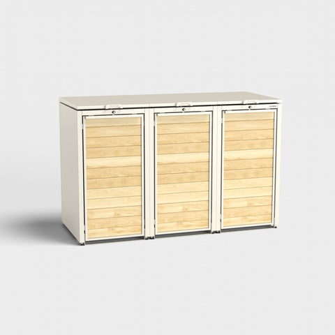 Mülltonnenbox „Holzmichl 3“ RAL9001 aus Holz und Metall, frontale Ansicht.