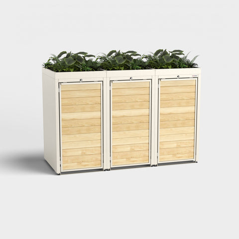Mülltonnenbox mit Pflanzdach aus Holz und hellem Rahmen, Modell Holzmichl 3.