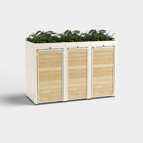 Mülltonnenbox für drei Tonnen mit Pflanzdach in RAL 9001 von Bio Stefan.