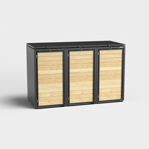 Dreier-Mülltonnenbox Holzmichl RAL9005 mit Holzverkleidung.