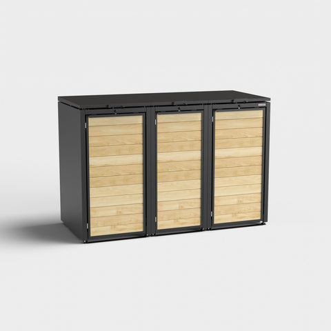 Mülltonnenbox Holzmichl 3 RAL9005 mit Holztüren und schwarzem Rahmen.