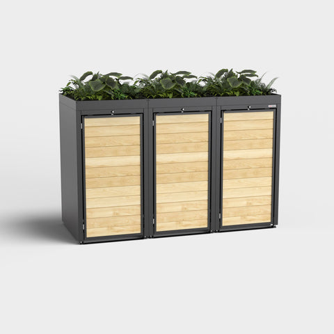 Dreier-Holzmichl-Mülltonnenbox mit Pflanzenbehälter und RAL9005-Beschichtung.