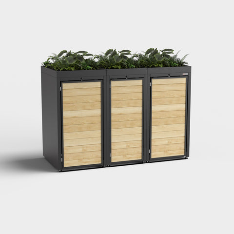 Dreiteilige Mülltonnenbox Holzmichl RAL9005 mit Pflanzdach.
