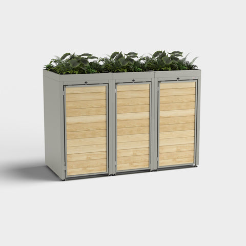 Mülltonnenbox Holzmichl 3 RAL9007 mit Pflanzdach und drei Fächern.