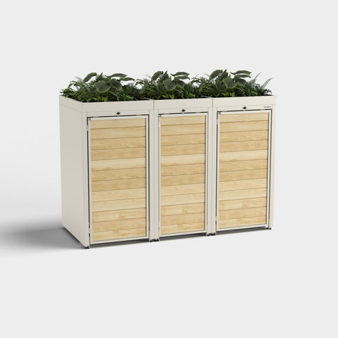 Weiße 3er-Mülltonnenbox mit Holzoptik und Pflanzdach von BIO Stefan.