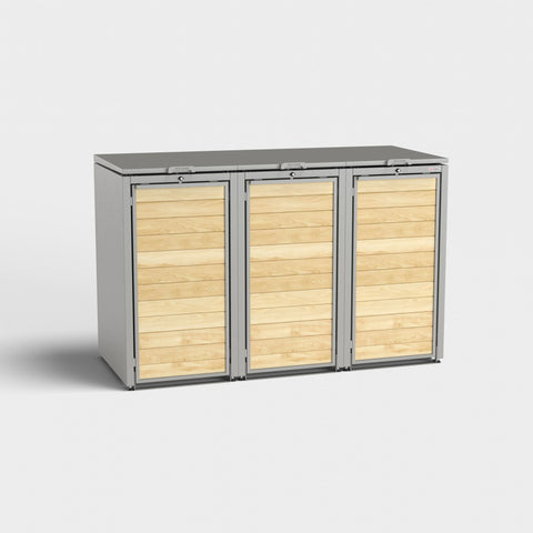 BIO Stefan Mülltonnenbox 3er in Holzoptik, RAL 9007.