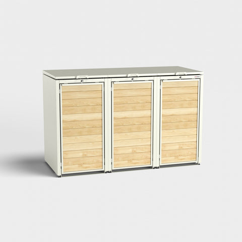 Dreier-Mülltonnenbox Holzmichl RAL 9010 von BIO Stefan mit Holzoptik.