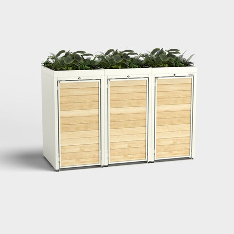 Weiße Mülltonnenbox Holzmichl 3 mit Pflanzen auf dem Dach, RAL 9010.