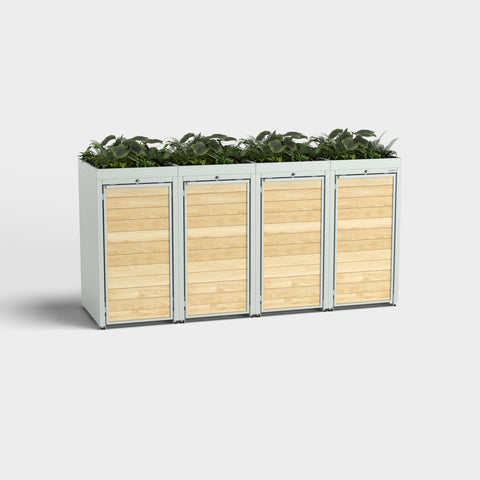 Vier Holzmichl-Mülltonnenboxen RAL7035 mit Pflanzdach.