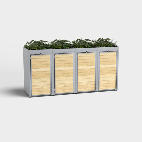 Holzmichl 4er Mülltonnenbox RAL7045 mit Pflanzdach aus Holz und Metall.
