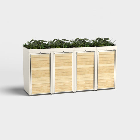 Mülltonnenbox Holzmichl 4 von BIO Stefan mit Pflanzdach in RAL 9001.