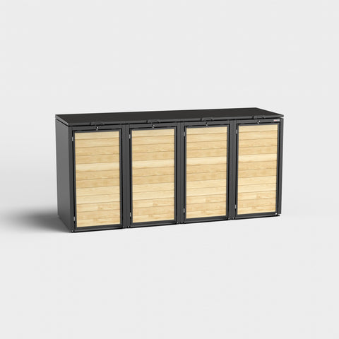 Mülltonnenbox Holzmichl 4 in RAL9005, vierfach mit Holzoptik und schwarzem Rahmen.