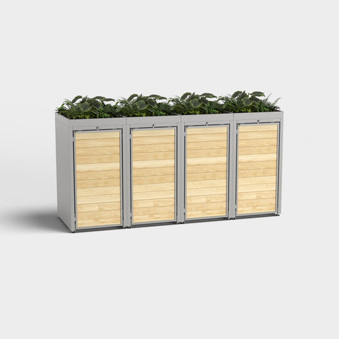 Mülltonnenbox Holzmichl 4er in RAL 9007 mit Pflanzdach.