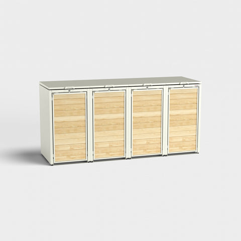 Holzmichl 4er Mülltonnenbox in RAL 9010 mit Holzverkleidung.