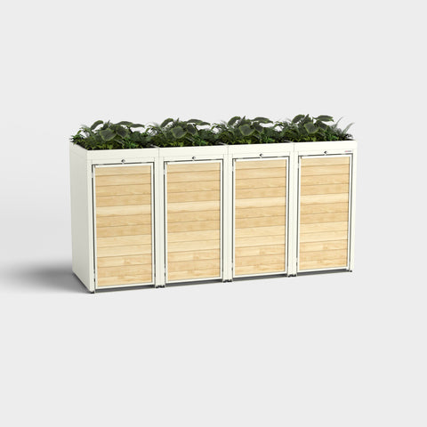 Vierfach-Mülltonnenbox Holzmichl mit Pflanzdach in RAL 9010.
