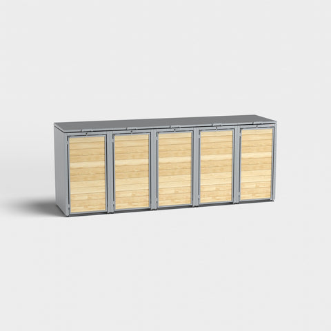 Fünffache Mülltonnenbox von BIO Stefan in Holzoptik, Modell Holzmichl 5 RAL7045.