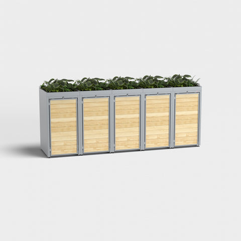 Holzmichl Mülltonnenbox 5er mit Pflanzdach in RAL7045.