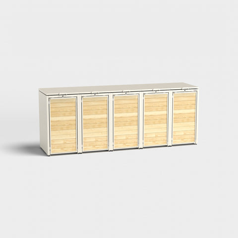 Fünfteilige Mülltonnenbox von Bio Stefan, Modell Holzmichl 5, in RAL9001.