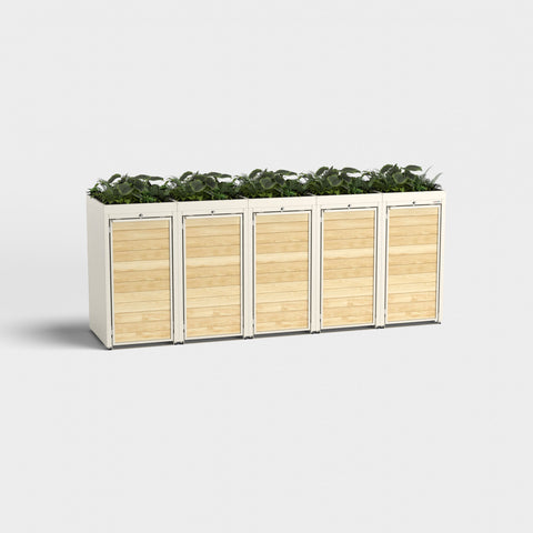 Mülltonnenbox 6er von BIO Stefan mit Pflanzdach aus RAL9001 Holzoptik.