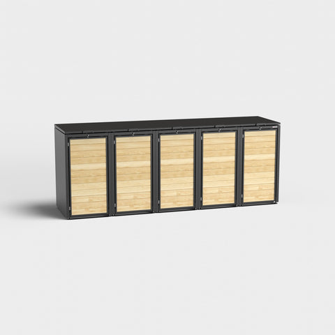 Fünfteilige Mülltonnenbox Holzmichl in Schwarz (RAL 9005) mit Holztüren.