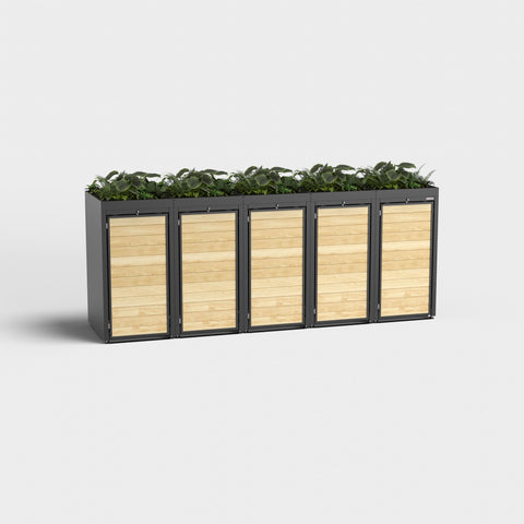 Fünfteilige Mülltonnenbox Holzmichl RAL 9005 mit Pflanzdach.