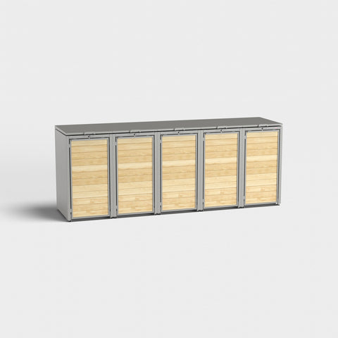 Mülltonnenbox Holzmichl 5 in RAL 9007 mit Holzverkleidung für fünf Tonnen.