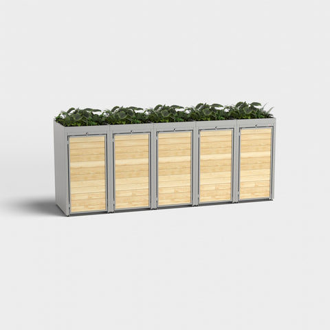 Mülltonnenbox Holzmichl 5 RAL 9007 mit Pflanzen auf dem Dach.