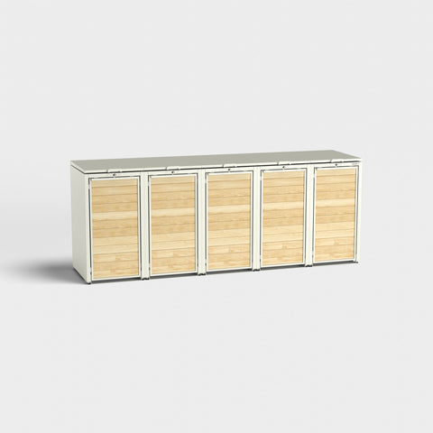 Fünfteilige BIO Stefan Mülltonnenbox in RAL 9010 mit Holzoptik.