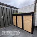 Waste garbage can box made of natural spruce wood from BIO Stefan with planting roof and black frame.