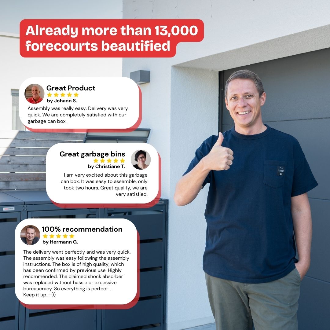 Man in front of garbage can box from BIO Stefan with positive customer reviews shows thumbs up.