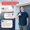 Man in front of garbage can box from BIO Stefan with positive customer reviews shows thumbs up.