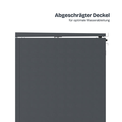 Schwarze Holzmichl Mülltonnenbox mit abgeschrägtem Deckel für optimale Wasserableitung.