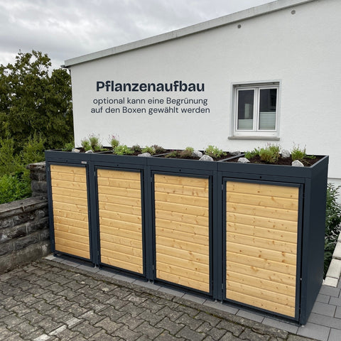 Mülltonnenbox Holzmichl mit Begrünungsoption vor weißer Wand.