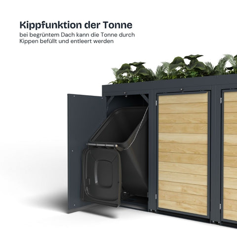 Mülltonnenbox mit Kippfunktion und bepflanztem Dach von Bio Stefan.