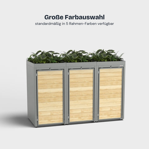 Mülltonnenbox aus Holz mit Pflanzdach und großer Farbauswahl in 5 Rahmenfarben von Holzmichl.