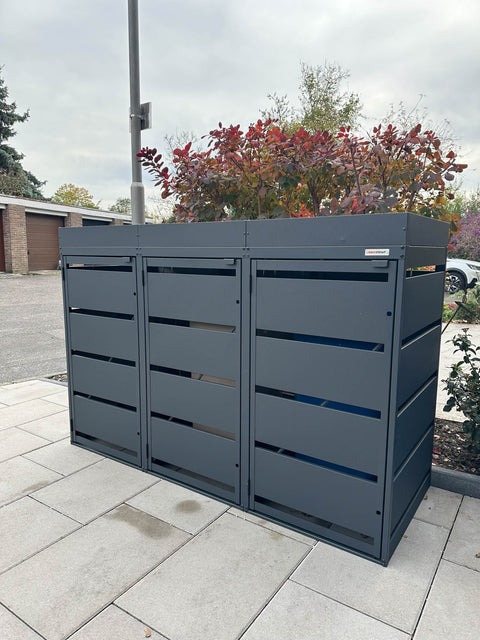 Mülltonnenbox Dagobert 3er mit Pflanzdach in Anthrazit für 120 Liter Tonnen