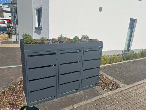 Mülltonnenbox Dagobert 3er mit Pflanzdach in Anthrazit für 120 Liter Tonnen
