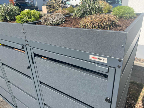 Mülltonnenbox Dagobert 3er mit Pflanzdach in Anthrazit für 120 Liter Tonnen