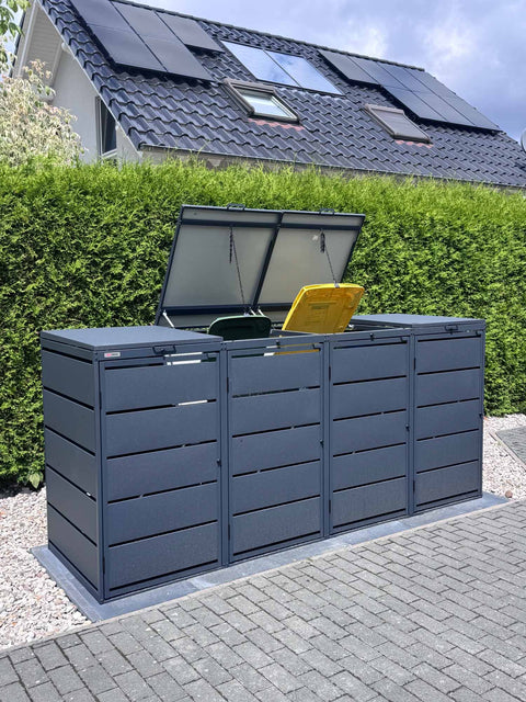 BIO Stefan Dagobert Mülltonnenbox 4er 240l in Anthrazit, zwei geöffnete Deckel mit sichtbaren Tonnen