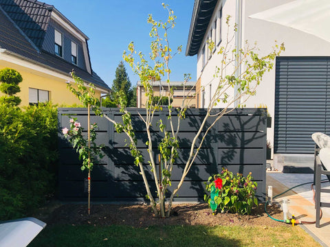 BIO Stefan Dagobert Mülltonnenbox 4er 240l in Anthrazit im Garten vor Hausfassade mit Beeten