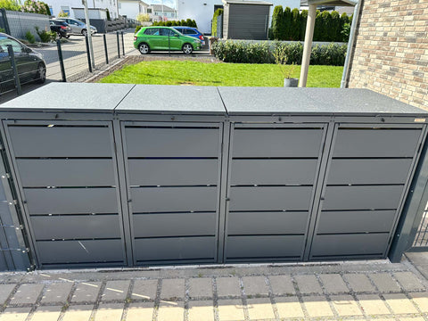 4er Mülltonnenbox aus pulverbeschichtetem Stahl in Anthrazit in Zaun integrieren
