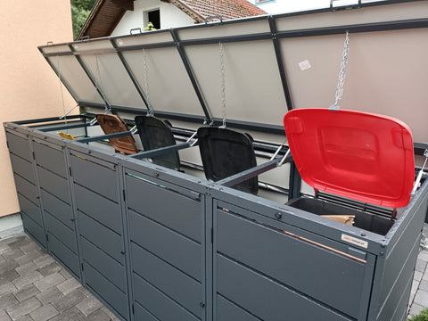 BIO Stefan Dagobert Mülltonnenbox 5er 240l in Anthrazit mit hochgeklapptem Klappdeckel und Gasdruckdämpfer von oben