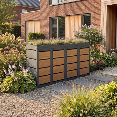 BIO Stefan Dagobert Mülltonnenbox 4er 240l in Anthrazit mit Holzoptik-Front und bepflanztem Pflanzdach vor modernem Haus